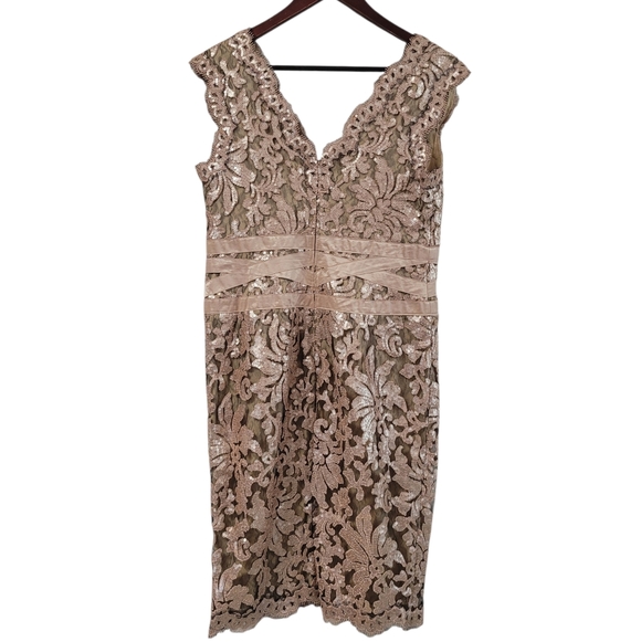 New Tadashi Shoji Taupe Sequin Lace Sheath Midi Dress Size 12 P Petite Sleevless - Picture 5 of 9